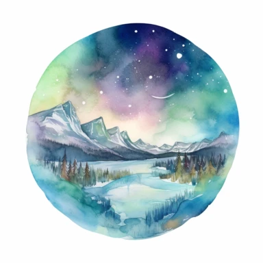 A frozen landscape with snow-capped mountains, icy lakes, and shimmering auroras dancing in the sky. in Aquarel style, clipart, White background, q2 Niji 5