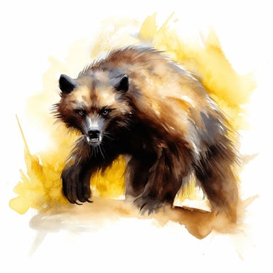 Daring Wolverine Watercolor Clipart: This clipart depicts a wolverine in a fearless pose, ready for a challenge. Its fur is a blend of Ebony Clay and Alabaster, with Sunglow eyes that portray its daring spirit.