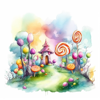 Fairytale style beautifull candy forest in the candyland with watercolor effect,candyland scene,candies,fantasy style,realistic features,vibrant colors,suitable for digital clipart,white background