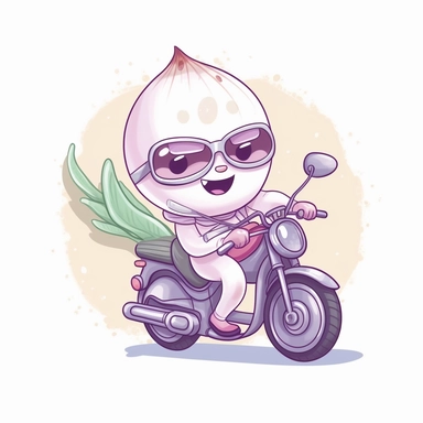 Create a clipart of a cute vegetable onion riding a motorcycle. Pastel colors. Kawaii style. White Background, soft lighting.