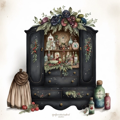 dark academia, christmas dresser, fairytale, folk art, watercolor, white background, clipart