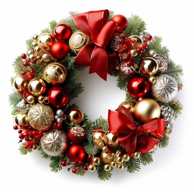Picture a festive Christmas wreath, brimming with vibrant colors and cheerful ornaments, perfectly suited for clipart with a white background and no shadows. The wreath exudes a sense of holiday magic and joy, with its lush greenery and a variety of carefully arranged decorations. Envision a symphony of bright red berries, glittering golden baubles, and shimmering silver ribbons, all beautifully intertwined with the fresh evergreen branches. Each element radiates a sense of merriment and capture