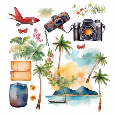 Watercolor fantasy Travel clipart Summer Holiday Vacation clipart Tourism clipart Planner Adventure Clipart PNG Airplane Camera Globe Commercial Use