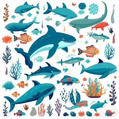 ocean animals clipart with marine animals, dolphins and sharks, in the style of toyen, aquamarine, scrapbook, foampunk, furaffinity, colourful