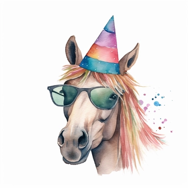 watercolor horse clip art, sunglasses, birthday hat, in the style of whimsical storytelling, storybook illustration minimal, graphic illustration, matte colors, 2d flat, vector, transparent background