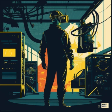worker wearing vr headset, man, standing in an assembly plant, gauges, coding, vr developer, virtual reality, poster, simplistic, abstract, vector, 2d illustration, clipart, few colors