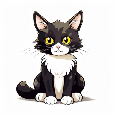 Cute cartoon cat, black and white cat, black face with a little bit white by mouth, more white on chest, yellow eyes, full body sitting, white background, clip art, vector graphic