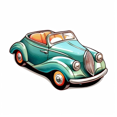 v Vintage Hand painted clipart of a Metal toy car in the style of vintage nursery kitsch Lefton, retro midcentury 1950’s, white background, contour