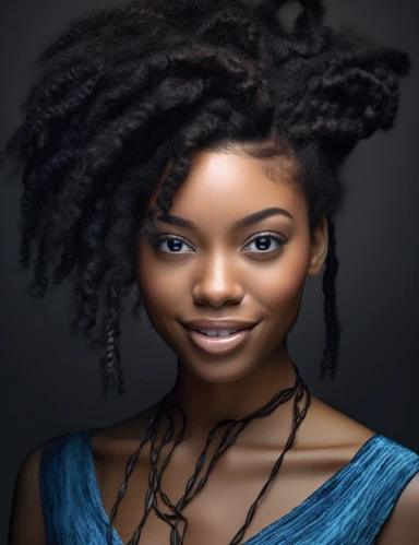 hasselblad 24 mm three quarters shot of a gorgeous african american woman with blue eyes, clipart, Composition: Relaxed position with intricate high hairstyle, smiling, detailed natural skin, Style: Nu-Goth, white background, hyperrealism, 32k