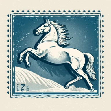 Postage stamp clipart of [white stallion], paper, clean crisp minimilistic illustration, [white] colors