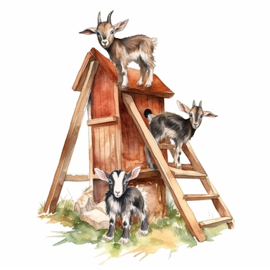 baby dwarf Nigerian goats playing on the A-frame, very detailed and realistic, watercolor, white background with margins, clipart style