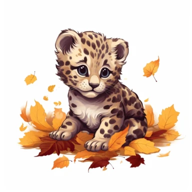 cute leopard cub, pouncing on fallen leaves, mistaking them for prey, bold colors, clipart, on a white background