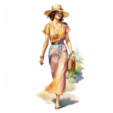 vintage woman colorful illustration old fashioned summer , Hand drawn , watercolor style,clipart,no shadow,single design, print on demand image, PNG transparent ,white background for removing background - - no text shadow font watermark