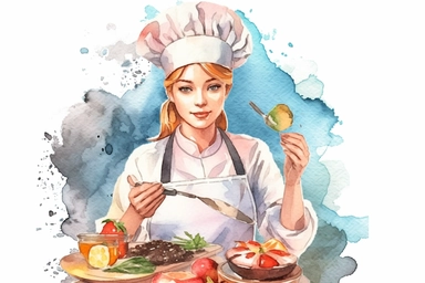 Watercolor, Generate a cartoon character with a chef's hat and a tray of delicious food, portraying a female chef clipart, hd, on a white background, spaced out