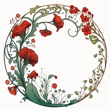 circle Botanical Frame, red flowers, white background, clipart, art nouveau