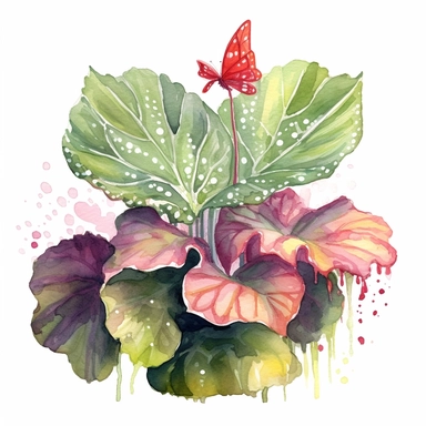 Clipart, Watercolor, Polka Dot Begonia's Illustration , Plantae, Tracheophytes Raddi, a tropical plant native to Southeast Brazil. It has green oblong leaves in shaped of angel wing, in a vibrant olive green color, deep red purple undersides of leaves and polka dot finishes on top. It has silver spots on its surface and a crimson reddish underside