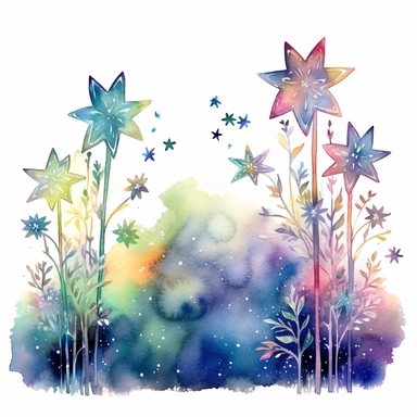 watercolor stars and northern lights over flowers illustration clipart, in the style of use of northern lights tones, intricate storytelling, dramatic color palette, rounded, ephemeral installations, elaborate borders, romanticized depictions of wilderness, clipart, blank white background