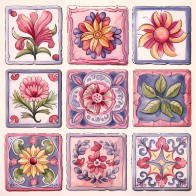 Draw a set of cartoon-style, watercolor-style clip art images that feature traditional Italian tiles in pinks. The images should have a nostalgic, feminine aesthetic, and should incorporate elements such as various patterns, designs, and sizes of Italian tiles, such as geometric patterns, floral motifs, and colorful designs. The images should be depicted in a variety of different styles and sizes, and should be adorned with details such as texture, shading, or other realistic features. Try incor