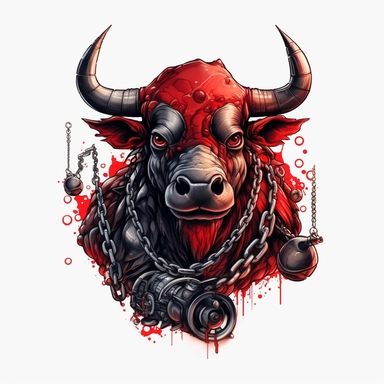 The image protrudes from the bottom edge. realistic picture of A red robotic bull warrior tatoo on the arm wearing a black shirt with a necklace and sunglasses slung over a firearm. all white background minimal simple clip art