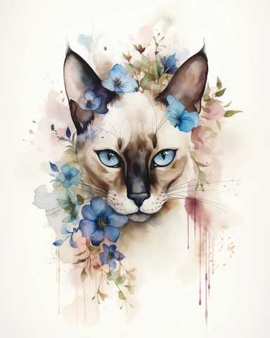 Watercolor Painting of Siamese cat head on white background good anatomy, DETAILED ILLUSTRATION, Flora Design Patterns, Flemish Baroque by Rachel Ruysch, Behance, Rococo, Intricate Detailed, Soft Light Effect, Oil Paint Strokes, Light Academia Aesthetic Flowers, Lighting cinematic, all shown shimmering stamens, tyndall light, texture, colorful, 8k, fantasy, ray tracing, vivid, spectacular lighting, octane rendering, highly detailed, ultra - realistic, white background, clipart