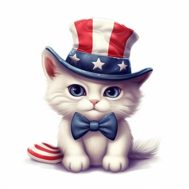 american flag day, clipart, a beautiful cartoonic cat wearing american hat, bow, beautiful, realistic, cute, white background