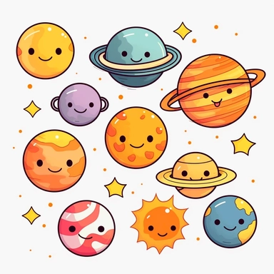 Solar system clipart perfect clean lines, planets vector graphics, Space clipart, high quality kawaii png clip art on a white background