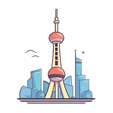 A Shanghai Oriental Pearl TV Tower SVG icon, surreal original color, single line design, flat design, clean design, flat, simple clipart, white background, thick line, thick stroke, created in Adobe Illustrator, front view, best angle, best quality, no round frame