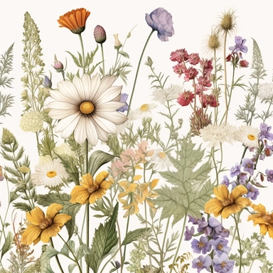 Pressed boho wild flowers cottagecore vintage botanical pastel floral nature flower garden with seamless border, clipart with white background –ar 293:151