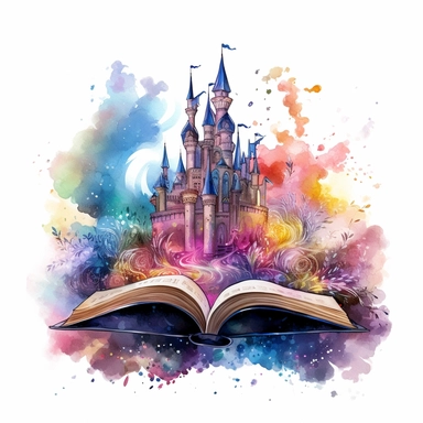 a watercolor fantasy book clipart, the book has a castle and forest and the sky painted on it, in the style of technicolor dreamscape, in the style of magical creatures,swirling vortexes, nightcore, dissected books, disney animation, symbolic images, whimsical portraits, dark color scheme