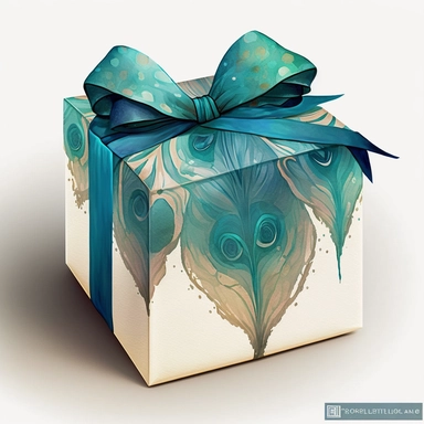 clipart watercolor flat box in peacock pattern with huge long bow on top