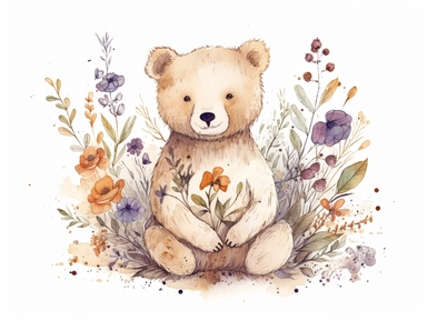 vintage teddy bear sitting with pressed wildflowers flowers , for a T-shirt graphic, minimalist, white background with margins, clipart style