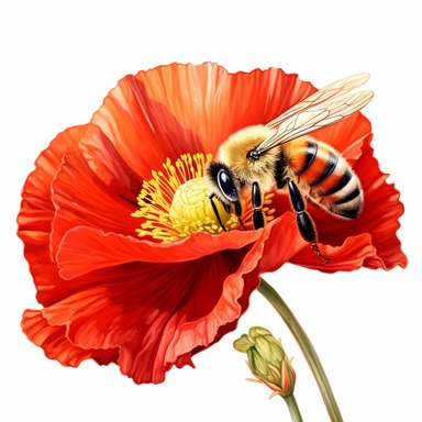 honey bee collecting resting on a red poppy flower clipart, on isolated white background, H