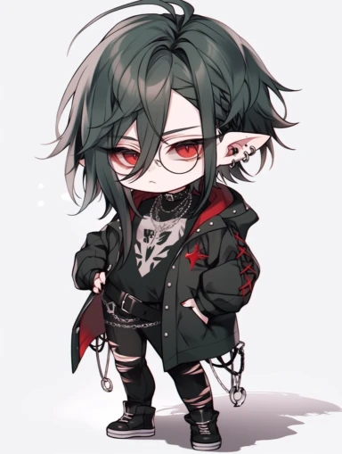 chibi, simple, anime boy, messy dark green hair, red eyes, sharp teeth, choker necklace, grey black striped sweater, black pants, hair clip, goth, punk, red, gothic, lip ring, round glasses, pointed ears, vampire, black jacket, full body, man, male, tattoos