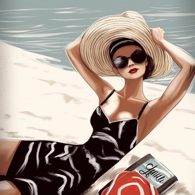 portrait view, full view, clipart illustration, beautiful lady sunbathing on beach, exact image, sharp focus, high detail, (--iw 5)