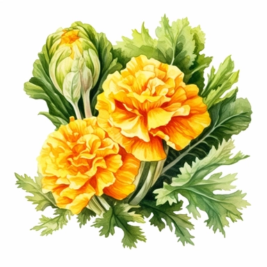 hyperrealism painting, marigold flowers in a cabbage , white background, watercolor style, farmhouse chic, tempera clipart