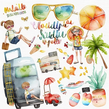 watercolor summer vacation from school clip arts, end of school year clipart, white background, no letters