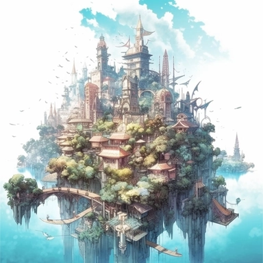 a magical floating city in the hevens, Takehisa Yumeji's art style, soft, glowing watercolour clipart, isolated clipart, white background