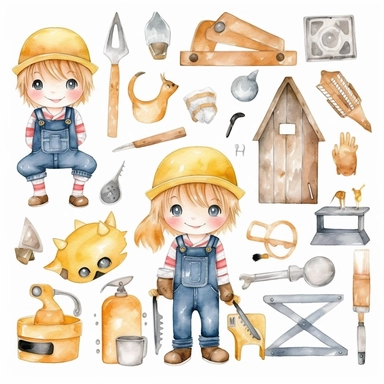 cute kawaii builder, construction tools, watercolor white background clipart set single elements with margin