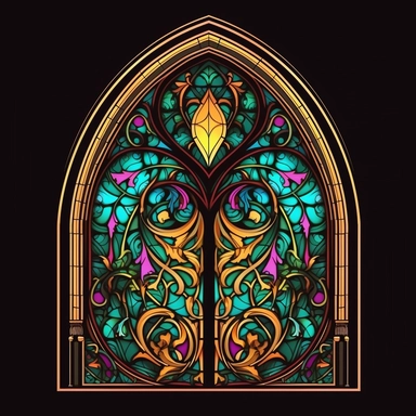 gothic, single cathedral window, glass, fancy scrolling, illustration, colored, vector art, clipart, graphic design, blank background, evoking emotion, detailed image