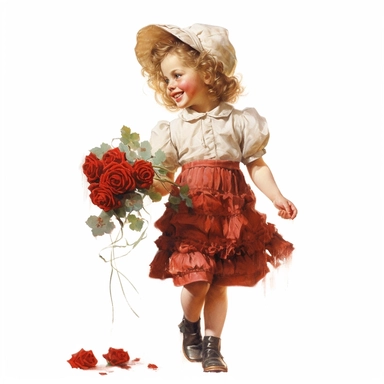 Happy beautiful little vintage royal girl with red roses, profile full body, oil clipart style, accurate details, oil painting technique, super high quality, professional watercolor clipart, high resolution, 8k, isolated white background