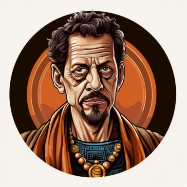 an Arab Indian fantasy handsome medieval merchant lord, resembling a combination of Tony Shalhoub Jeff Goldblum and Hugh Grant, handpainted enamel punk film poster, clipart illustration, circle solid background
