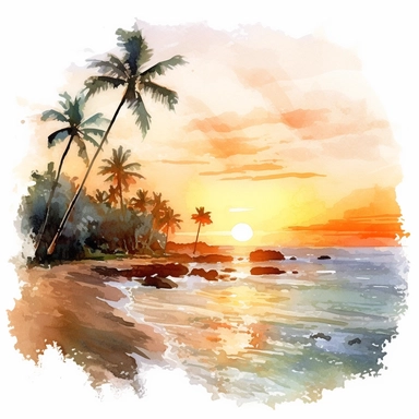 Clipart on white background Dominica Beach Sunset landscape water color