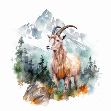 watercolor style, goat with the mountain forest in the back clipart, isolated on white background, hd