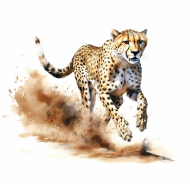 realistic watercolor cheetah running full speed while dodging rocks on the dry african land on solid white background, clipart