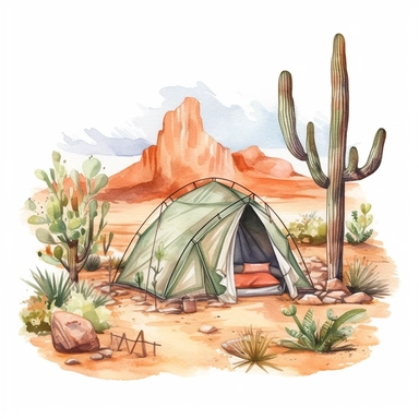 a captivating watercolor clipart image with a white background and white margins, featuring a desert campsite with a tent and cacti in the background. The ultra-detailed, hand-drawn elements capture the rugged beauty of the desert landscape. Use bold shades of orange, brown, and green to create a visually appealing and adventurous image that conveys the unique experience of camping in the desert.