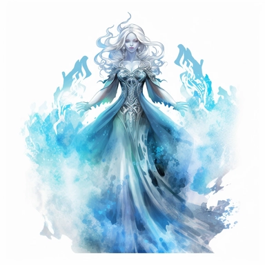 a watercolor clipart with white background of a ice queen with a frosty gown and icy powers, in the style of neon realism, detailed atmospheric portraits, dark and intricate, serene faces, yup'ik art, 2d game art, glowwave, 2d, glowwave, ethereal figures