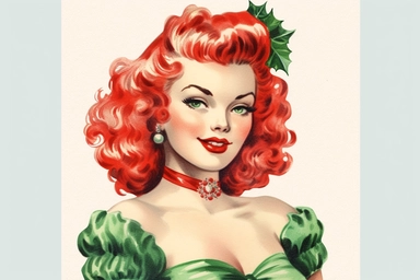 1950s christmas Pin Up Girl red green watercolor Clipart