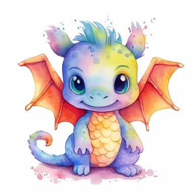 Cute happy Watercolor rainbow Baby Dragon Clipart, on a white background--s 1000