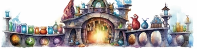 Design a watercolor clipart of an extraordinary gateway leading to a mystical elixir bazaar, where an ornate placard at the top displays the name Enchanted Elixirs in whimsical watercolor strokes. The entrance is surrounded by shelves filled with multicolored, magically sparkling bottles of elixir, each emitting a unique glow. The clipart is viewed from a slightly elevated perspective, hd, spaced out, on a white background