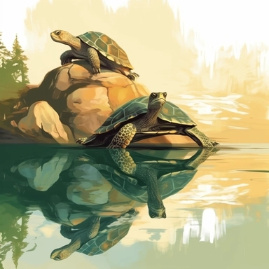 two turtles sitting on a rock, one brownish color, one green, looking into the water with their reflection staring back, reflections in the water show in scenery too clipart
